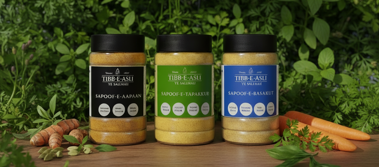 Three jars of TIBB-E-ASLI spices on a wooden surface with greenery in the background, featuring text about purity and naturalness.